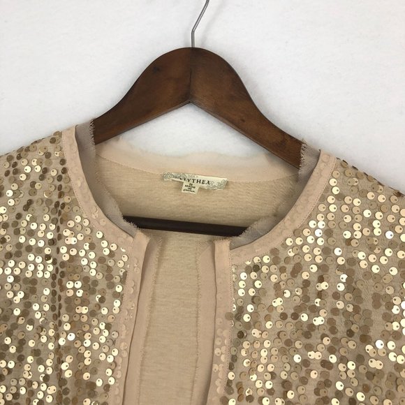 Alythea Women's Size Small Beige Gold Sequin 3/4 Sleeve Open Front Crop Jacket - Picture 2 of 8